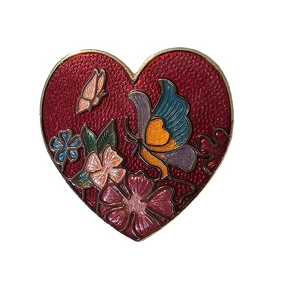Vintage Red Heart Cloisonne Brooch Pendant with Flowers & Butterfly - Picture 1 of 5